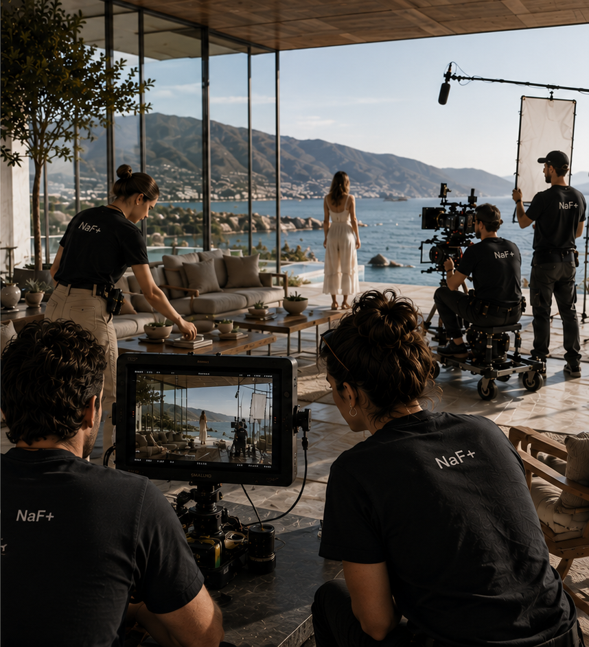 NaF+ crew filming at a seafront villa terrace