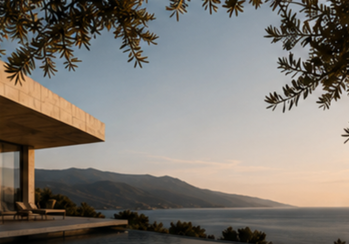 Modern villa terrace overlooking the coastline at sunset
