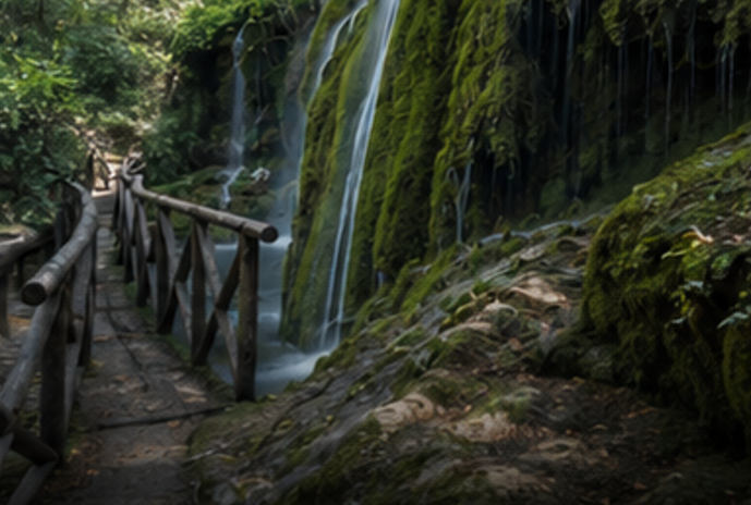 Wooden footbridge beside a moss-covered waterfall in a forest gorge