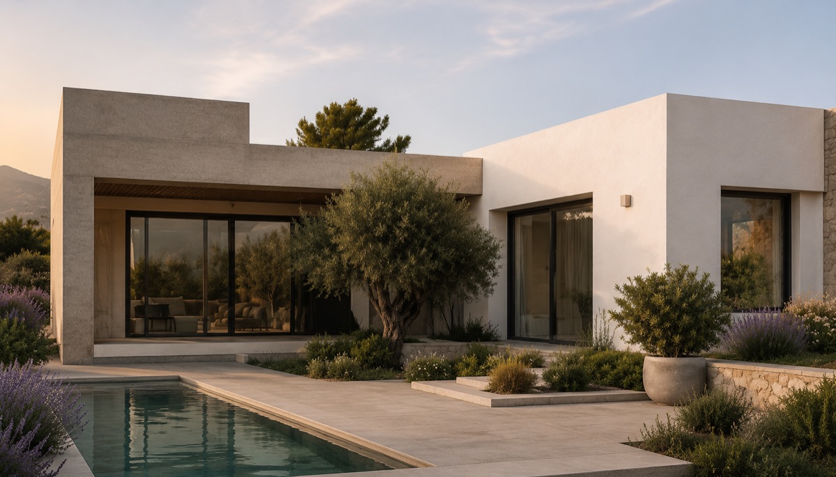 Modern white villa with infinity pool overlooking the coastline