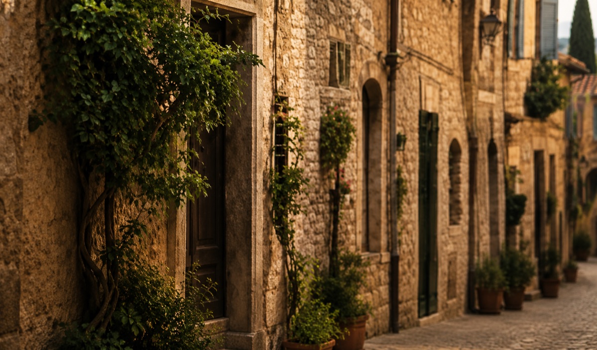Cobblestone street lined with stone buildings, ivy and outdoor café tables