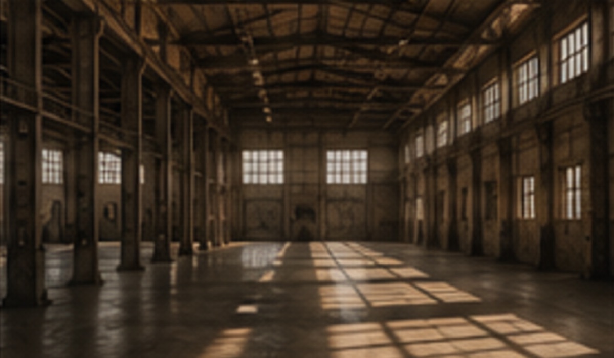 Raw industrial warehouse interior with steel columns and window light