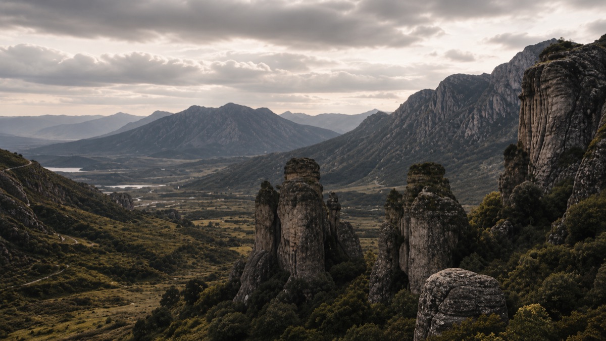 Rugged mountain peaks and rock formations under a moody sky