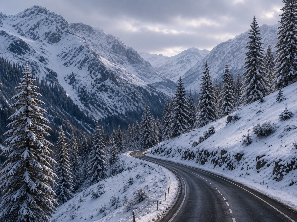 Snow-covered mountain road winding through an alpine pine forest