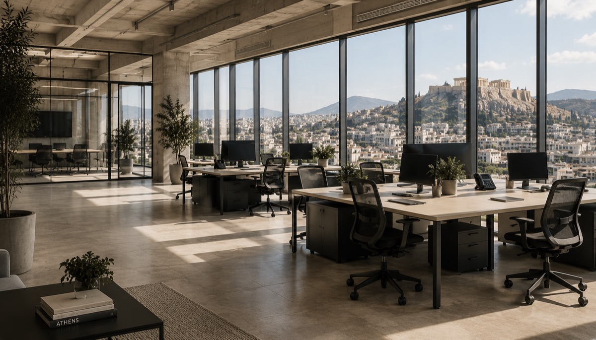 Open-plan glass office with desks overlooking a city and mountains