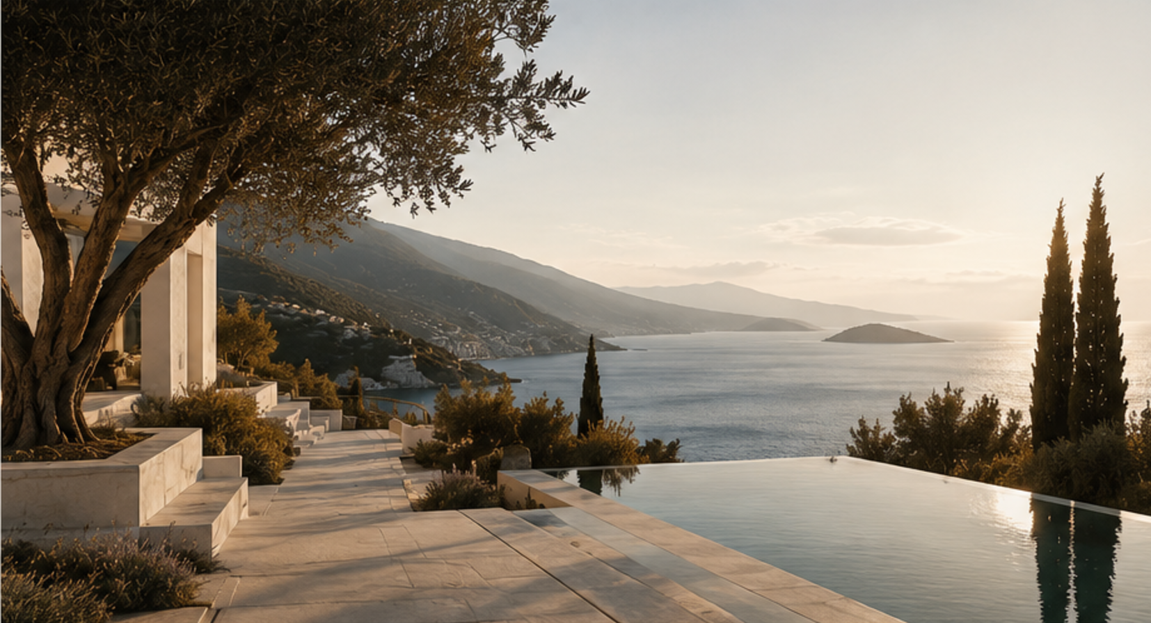 Luxury villa terrace overlooking a coastal bay at sunset