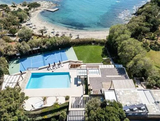 Aerial view of a luxury villa with pool by the sea